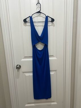 Cobalt Blue Sleeveless Midi Dress with Draped Front and Cutout